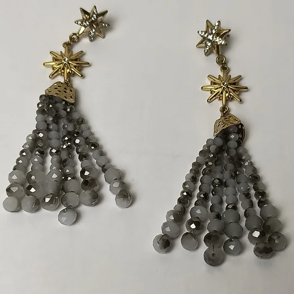 Gold Star Tassel Earrings with Gray Glass Beaded Strands - Picture 4 of 13
